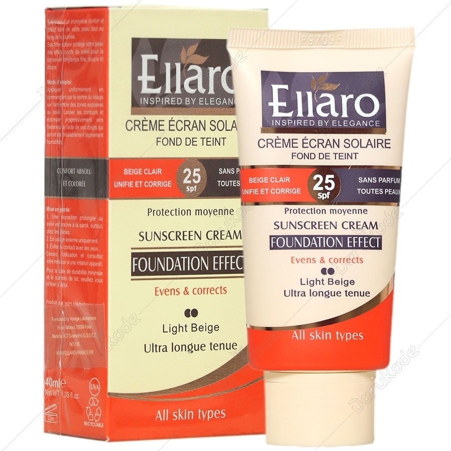 کرم ضد آفتاب با پوشش کرم پودری( بژ روشن) SPF 25 الارو Ellaro حجم 40 میل