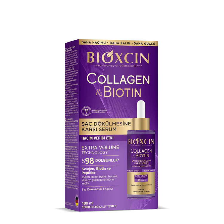 سرم موی ضدریزش و حجم دهنده بیوکسین BIOXCIN مدل کلاژن و بیوتین Collagen and Biotin حجم 100 میل