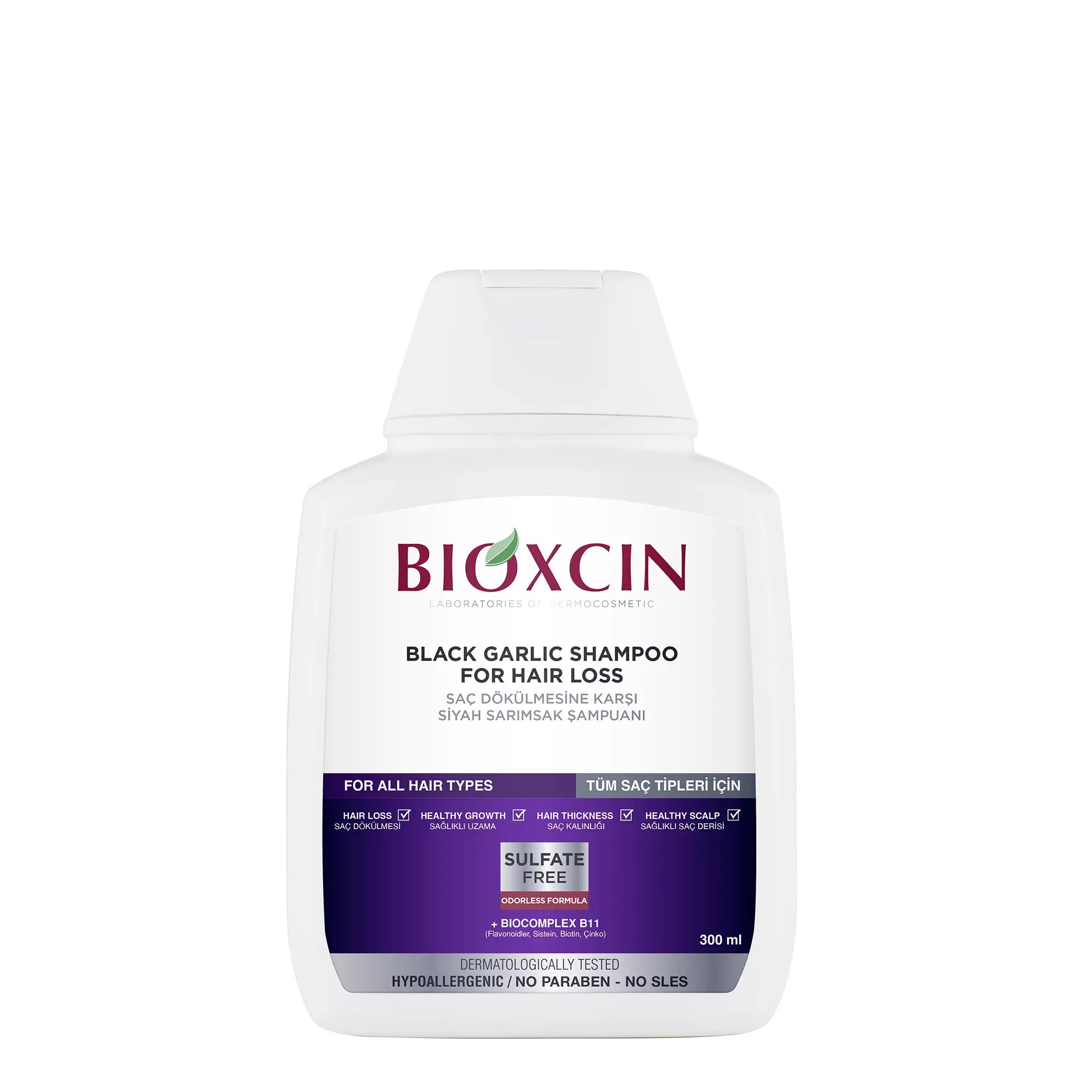 شامپو ضدریزش بدون سولفات بیوکسین BIOXCIN مدل سیر سیاه SIYAH SARIMSAK حجم 300 میل