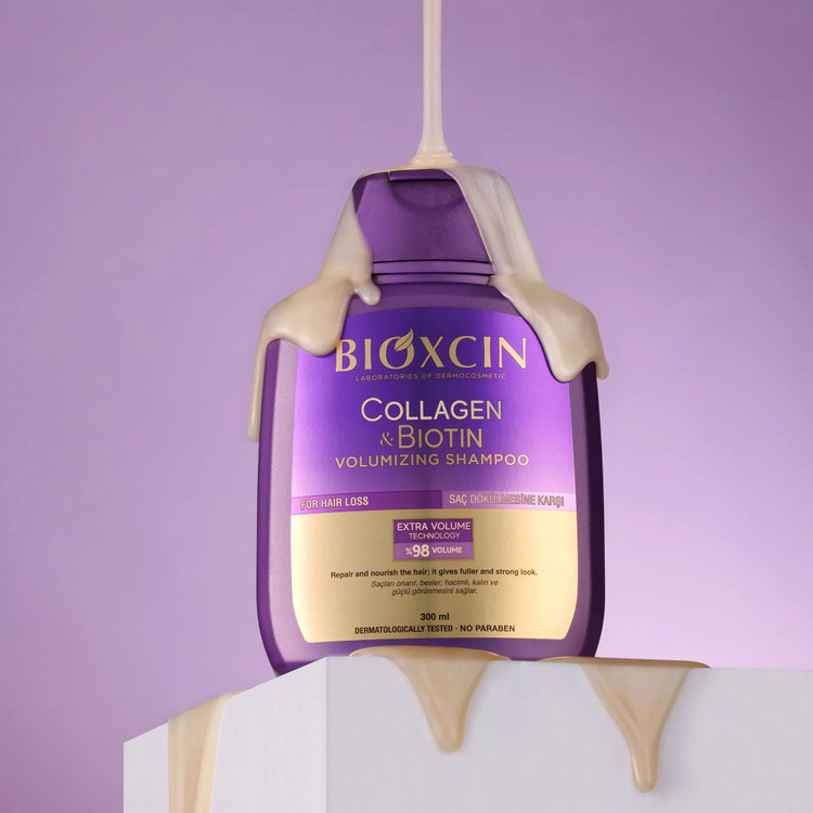 شامپو ضدریزش و حجم دهنده بیوکسین BIOXCIN مدل کلاژن و بیوتین Collagen and Biotin حجم 300 میل