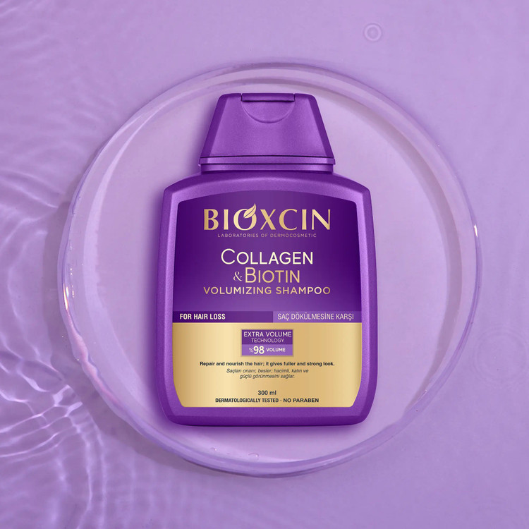 شامپو ضدریزش و حجم دهنده بیوکسین BIOXCIN مدل کلاژن و بیوتین Collagen and Biotin حجم 300 میل