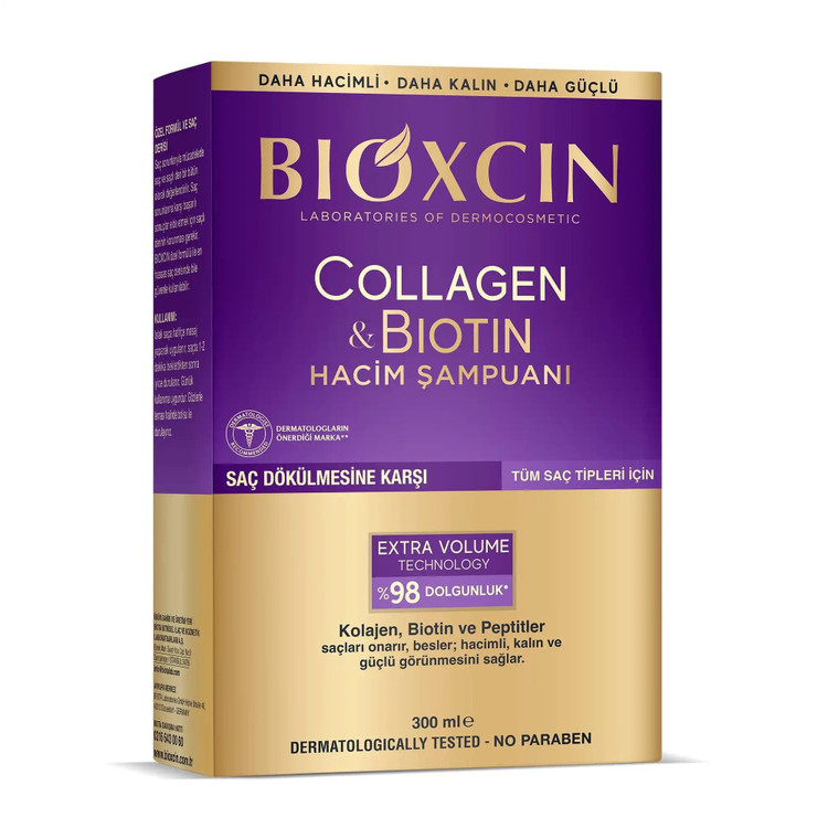 شامپو ضدریزش و حجم دهنده بیوکسین BIOXCIN مدل کلاژن و بیوتین Collagen and Biotin حجم 300 میل