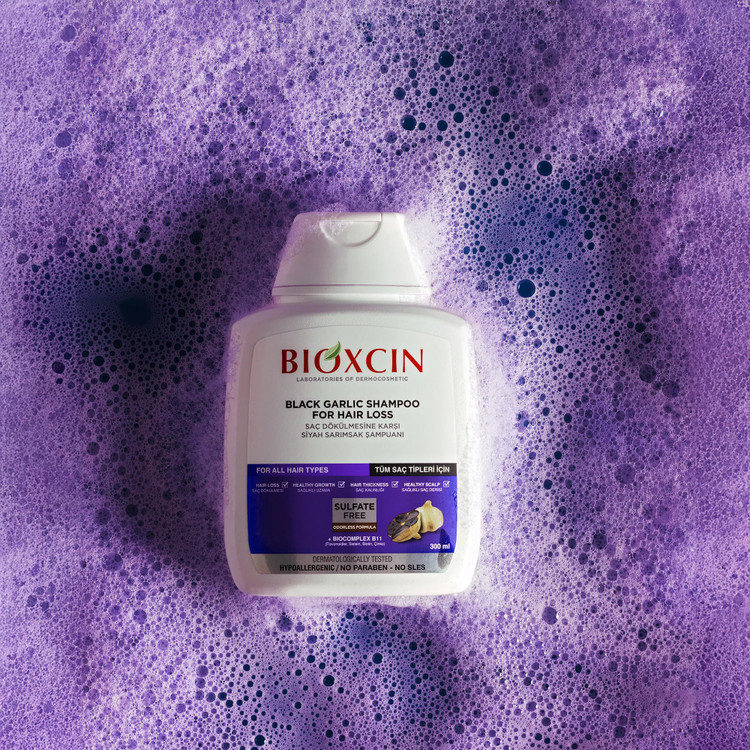 شامپو ضدریزش بدون سولفات بیوکسین BIOXCIN مدل سیر سیاه SIYAH SARIMSAK حجم 300 میل