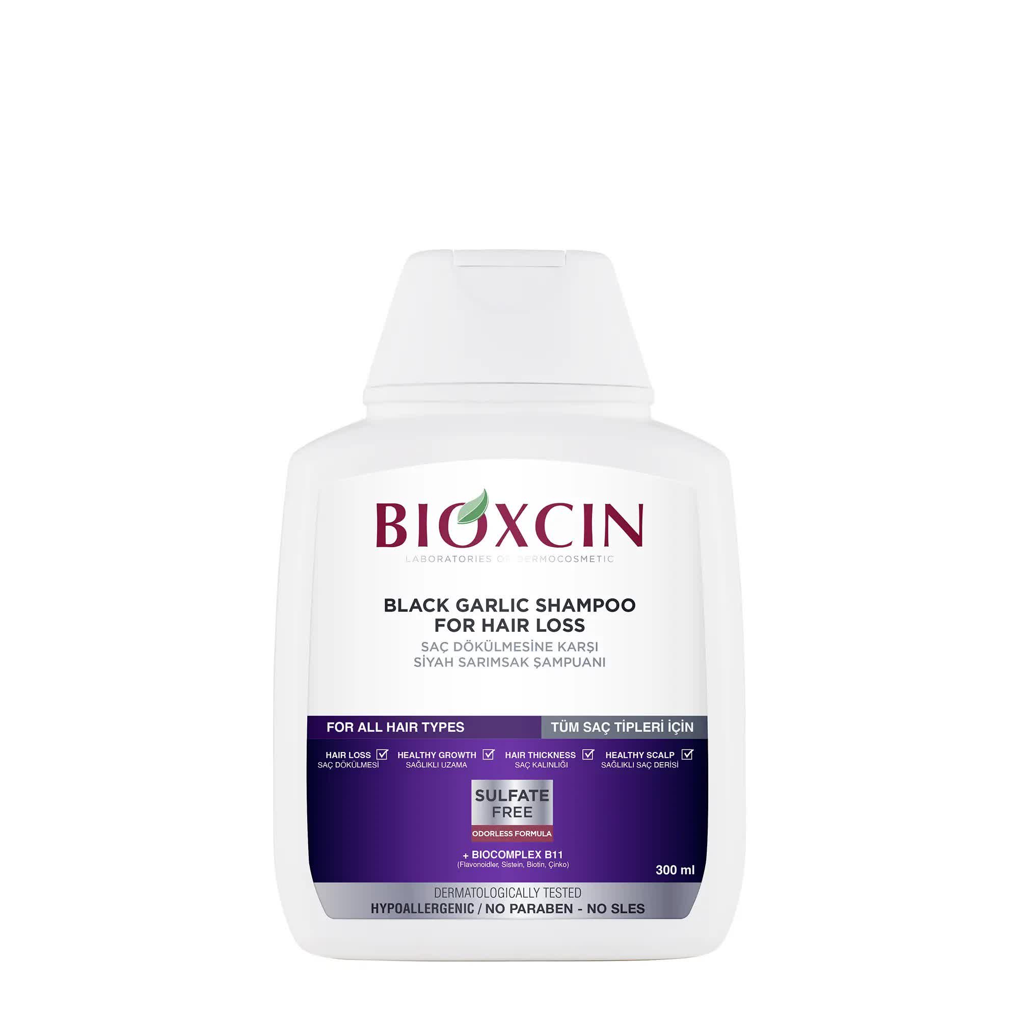 شامپو ضدریزش بدون سولفات بیوکسین BIOXCIN مدل سیر سیاه SIYAH SARIMSAK مسافرتی حجم 100 میل