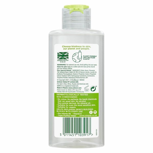 آرایش پاک کن چشم سیمپل Simple مدل KIND TO SKIN حجم 125 میل طرح جدید